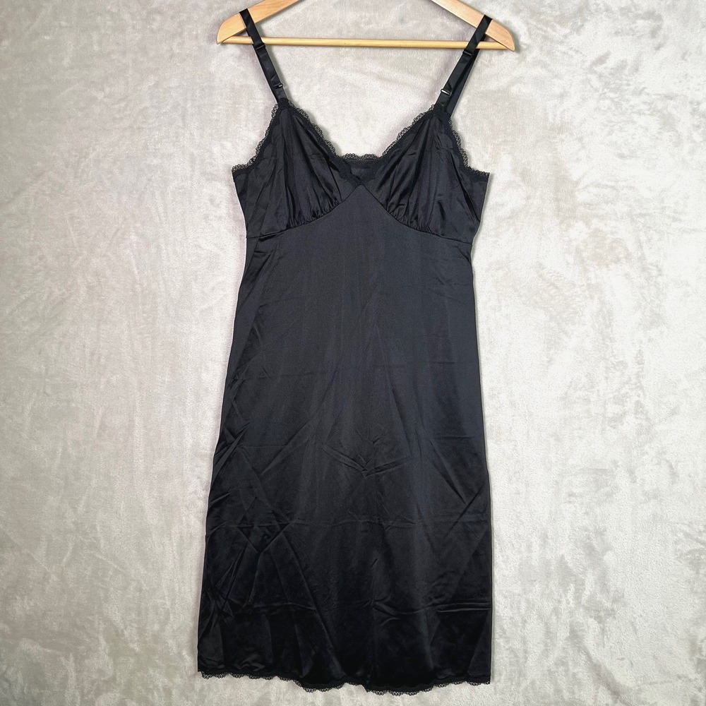 Vintage Shadowline Black Full Slip Dress 34 Tall Nylon Lace Trim Dark Feminine S